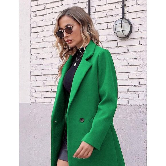 Women’s Green Wool Coat Casual Long Chic Outerwear Warm Winter Jacket Style - Picture 5 of 8